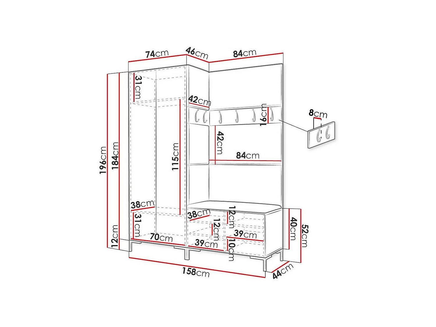 Meuble d'entrée Tivsoa 100, 196x158x44cm, Craft chêne|Brun foncé, Tissu|Stratifié