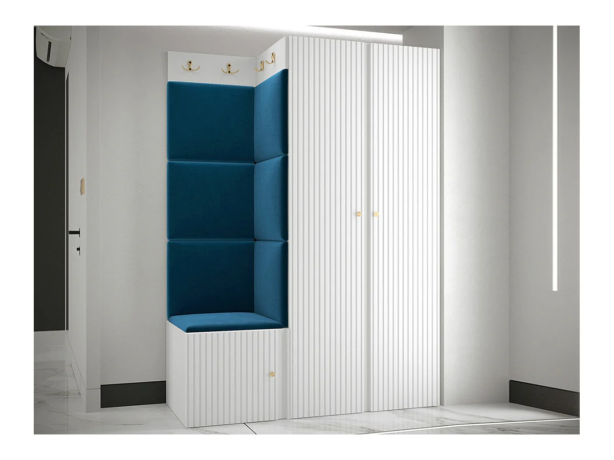 Meuble d'entrée Hartford 387, 186x116x46cm, Bleu|Blanc, MDF|Stratifié|Tapisserie