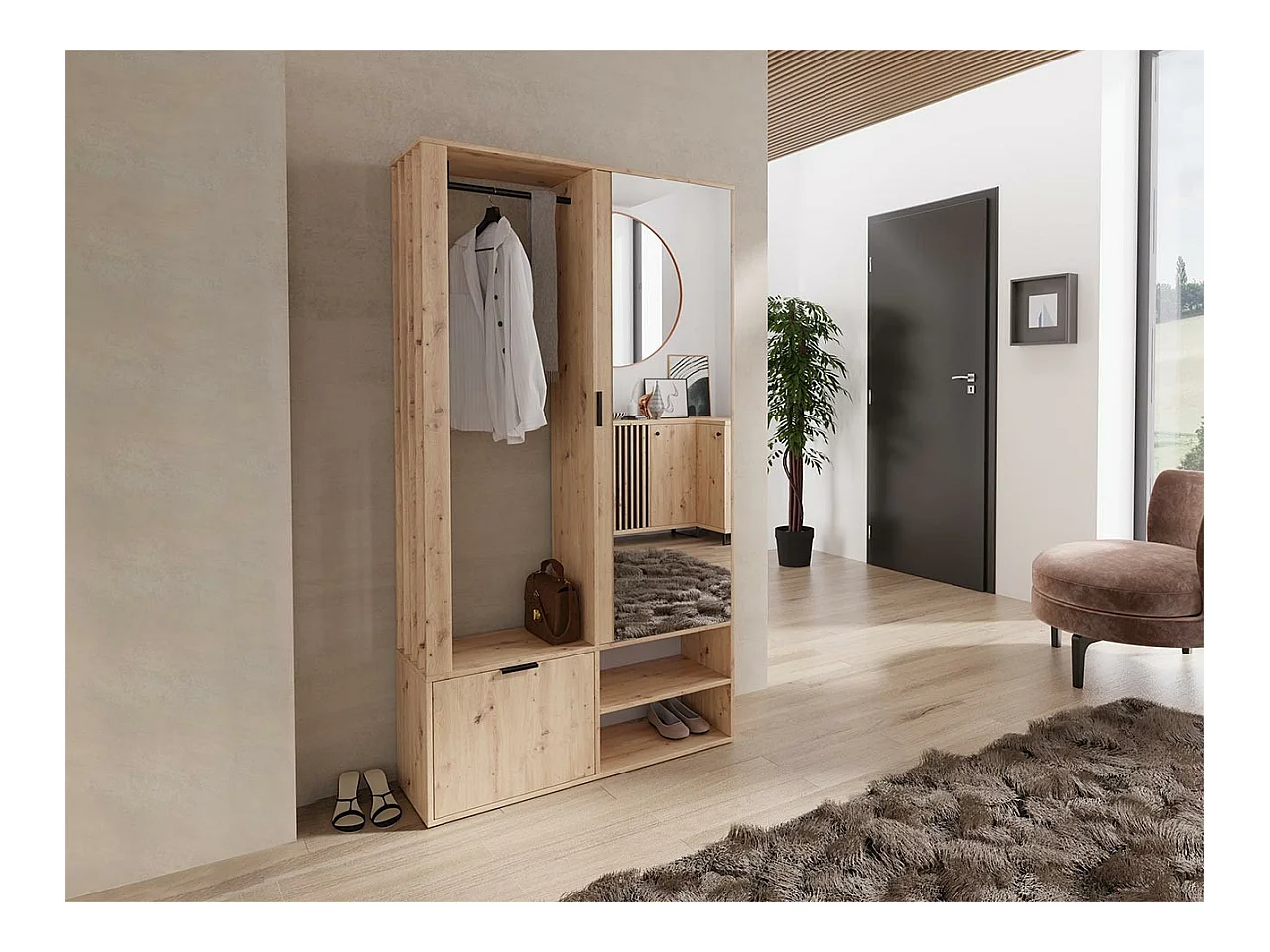 Meuble d'entrée Stanton 145, 190x100x33cm, Miroir, Chêne Artisan, Stratifié, À poser