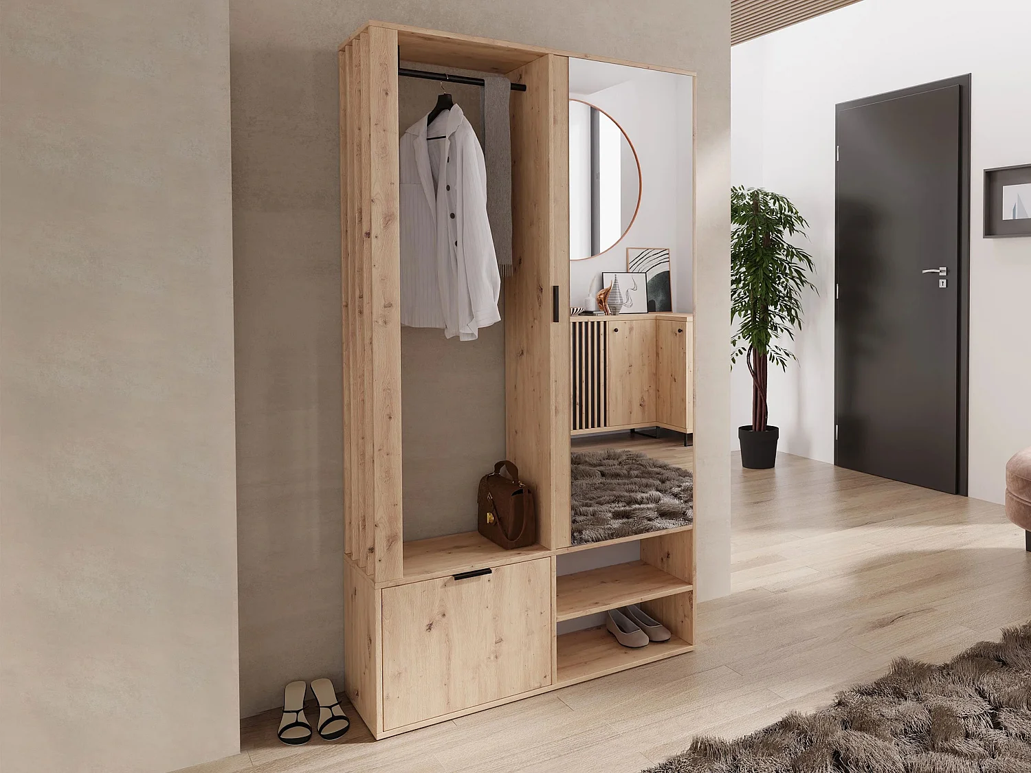 Conjunto pasillo Stanton 145, 190x100x33cm, Espejo, Roble Artisan, Aglomerado laminado