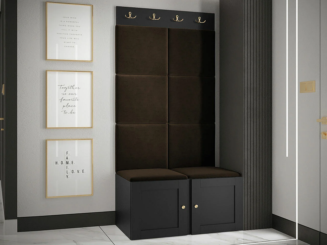Meuble d'entrée Hartford 375, 186x84x46cm, Marron|Noir, Tapisserie|MDF|Stratifié