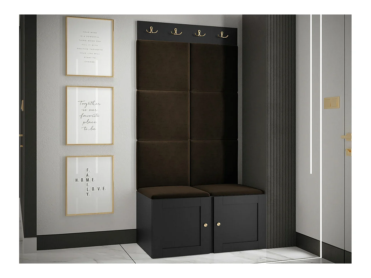 Conjunto pasillo Hartford 375, 186x84x46cm, Marrón|Negro, MDF|Aglomerado laminado|Tapiz