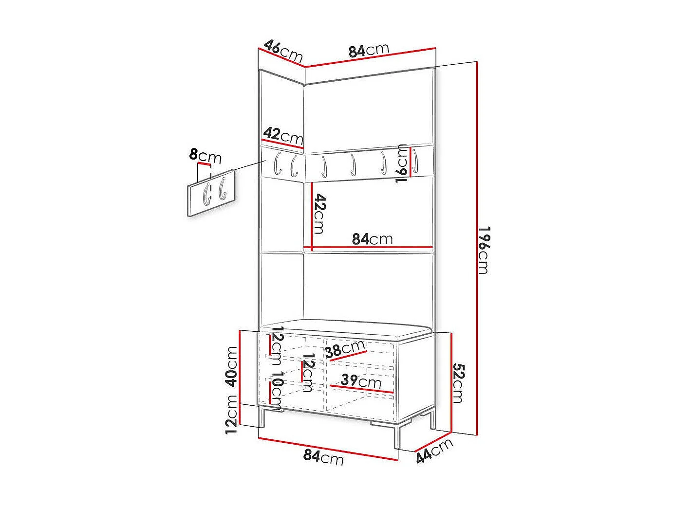 Set mobili da ingresso Hartford F103, 196x84x46cm, Bianco, Arazzo|Truciolare laminato