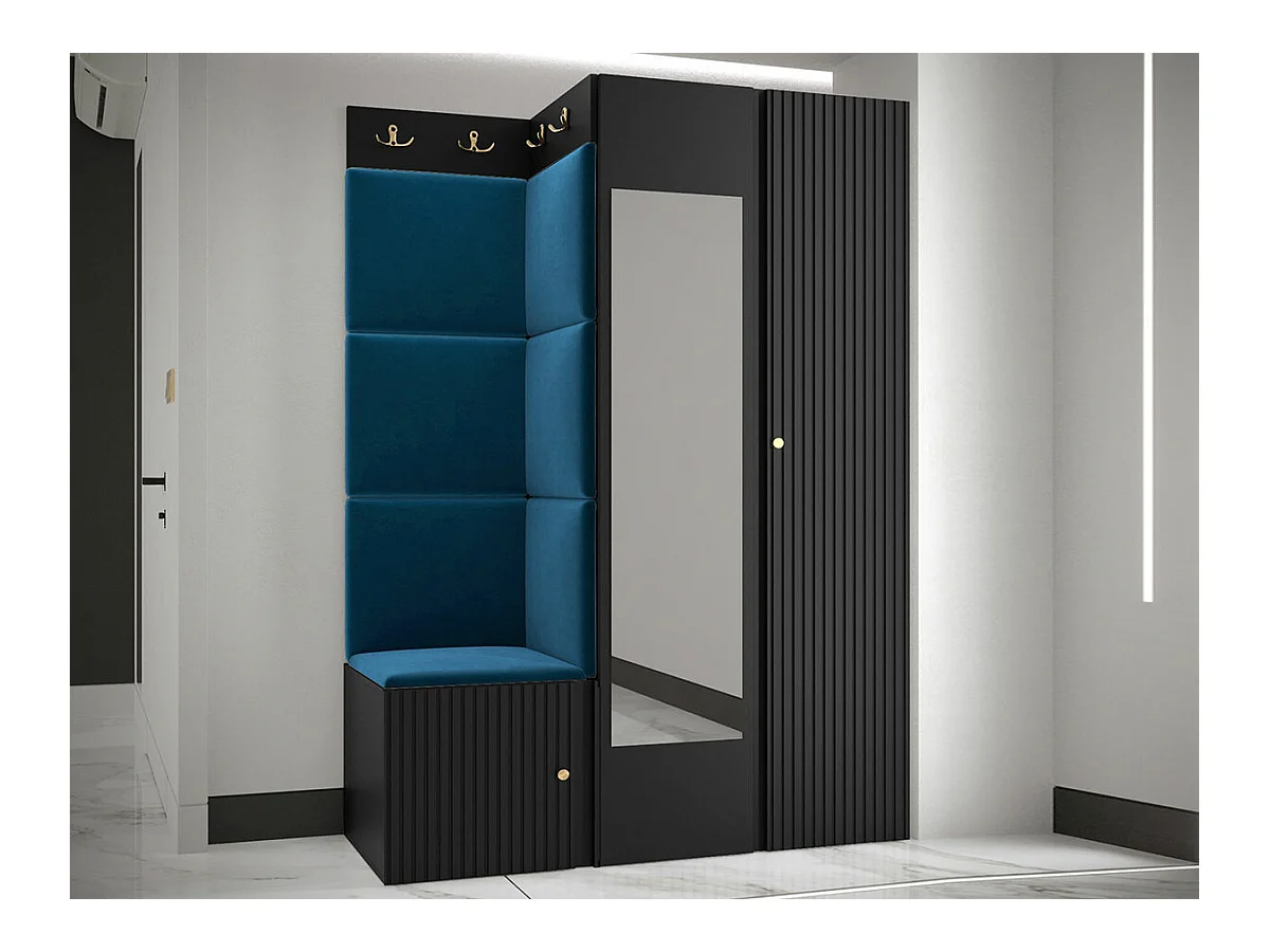 Meuble d'entrée Hartford 388, 186x116x46cm, Miroir, Noir|Bleu, Tapisserie|MDF|Stratifié