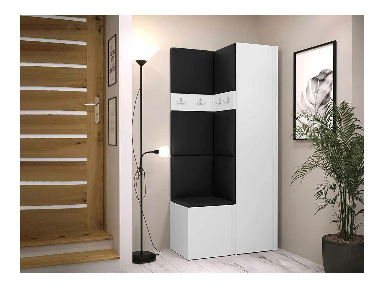 Meuble d'entrée Hartford 348, 186x82x44cm, Blanc, Stratifié|Faux cuir