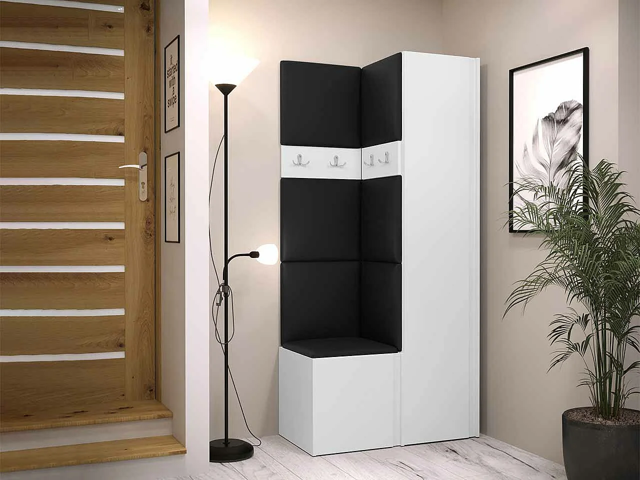 Conjunto pasillo Hartford 348, 186x82x44cm, Blanco, Aglomerado laminado|Cuero ecológico