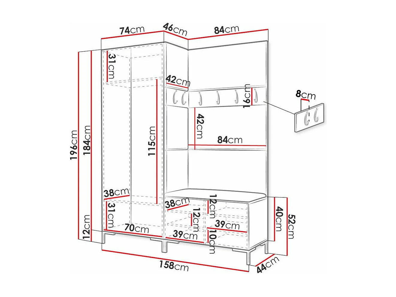 Conjunto pasillo Hartford F100, 196x158x44cm, Negro, Tapiz|Aglomerado laminado