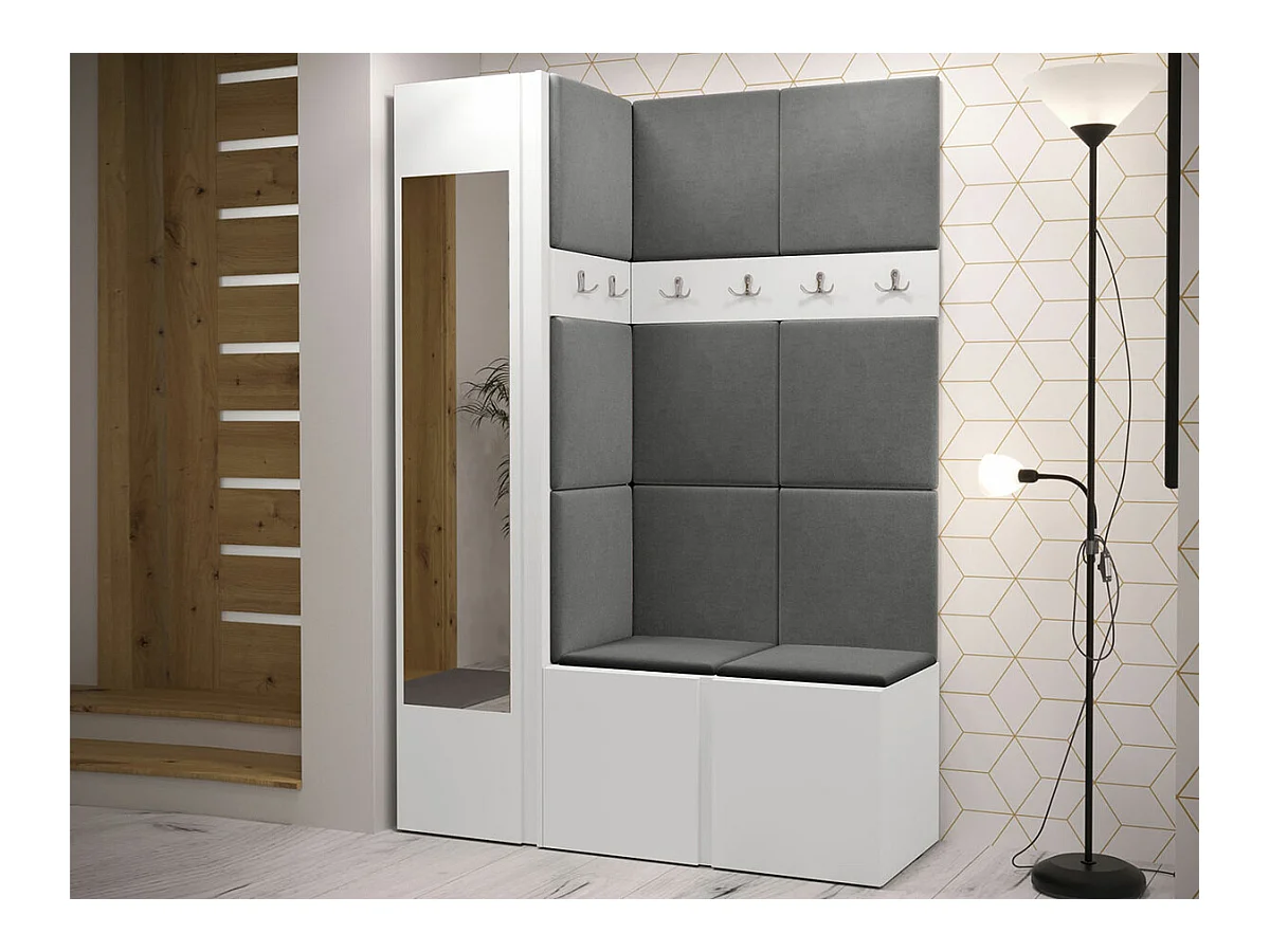 Meuble d'entrée Hartford 277, 186x124x46cm, Miroir, Blanc, Stratifié|Tapisserie