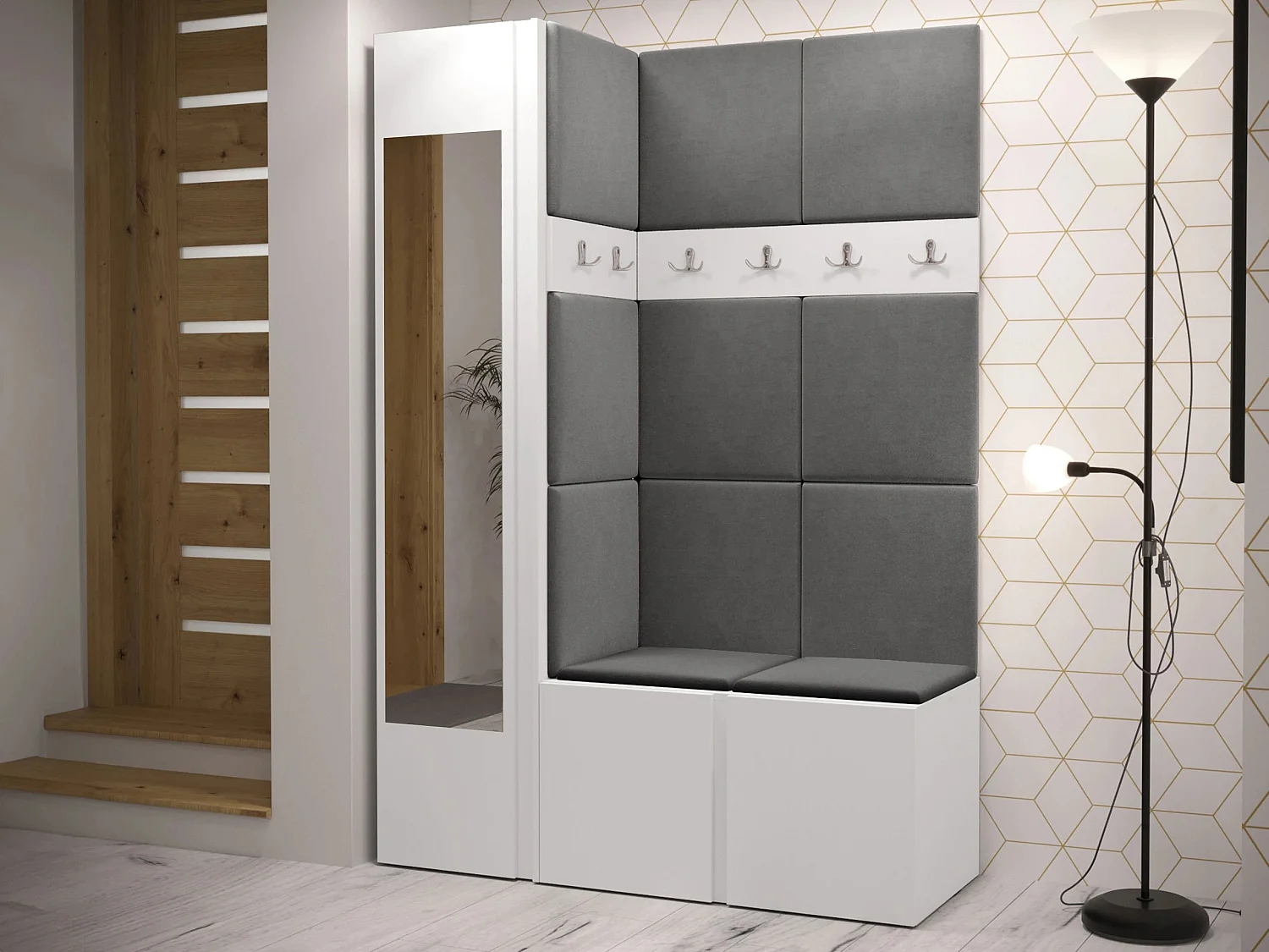 Meuble d'entrée Hartford 277, 186x124x46cm, Disponible, Blanc, Stratifié|Tissu