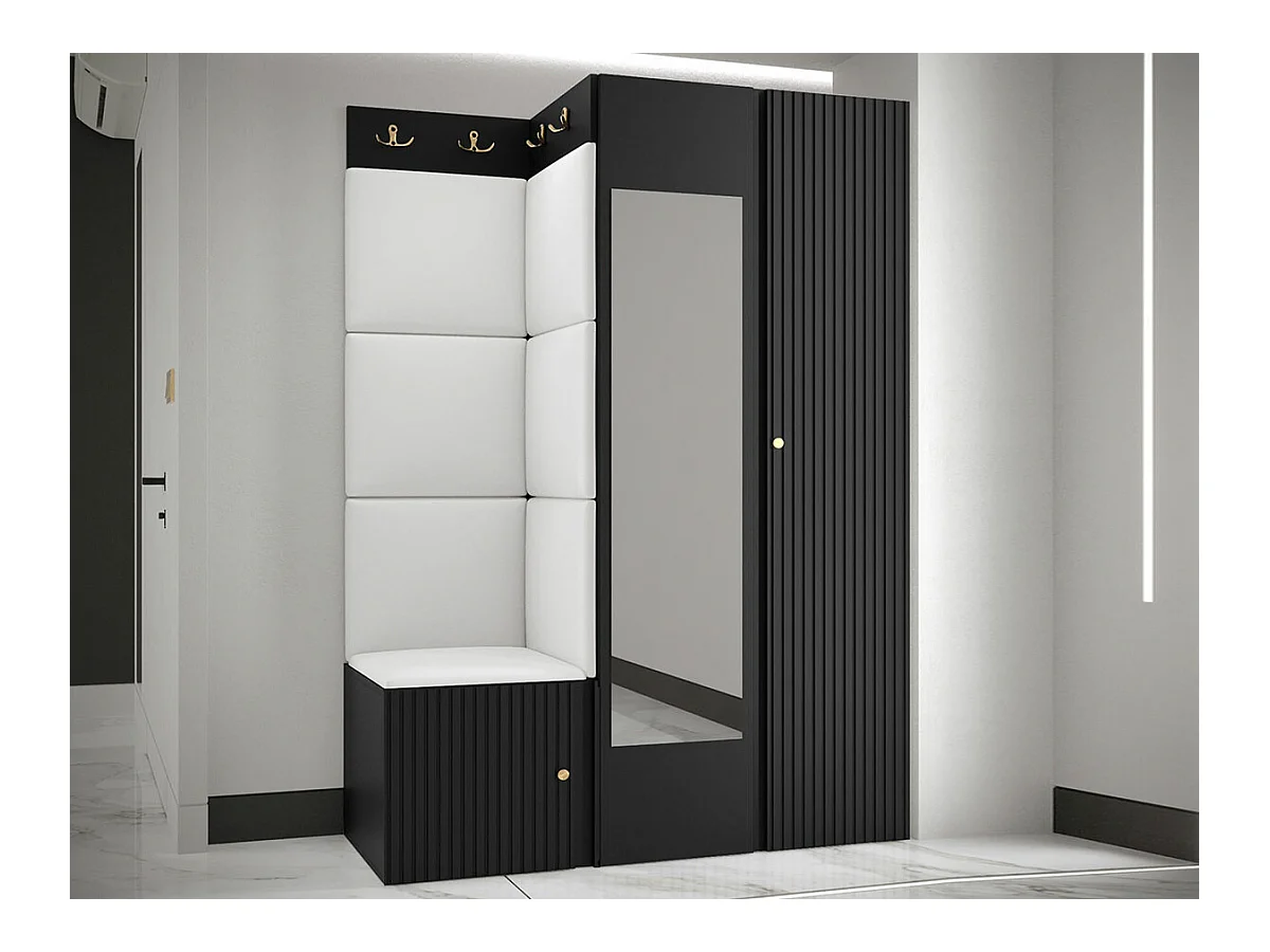 Meuble d'entrée Hartford 388, 186x116x46cm, Miroir, Blanc|Noir, Stratifié|Faux cuir|MDF