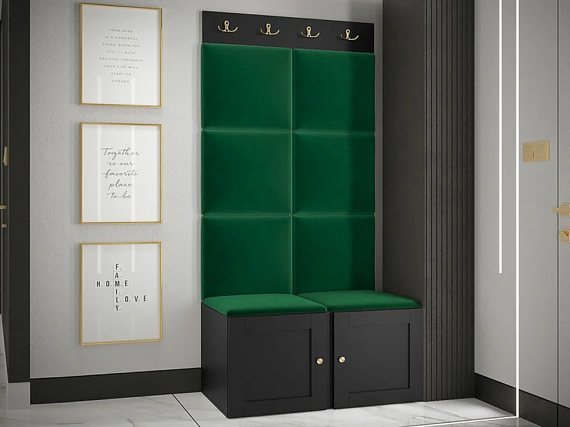 Meuble d'entrée Hartford 375, 186x84x46cm, Noir|Vert, Stratifié|Tapisserie|MDF