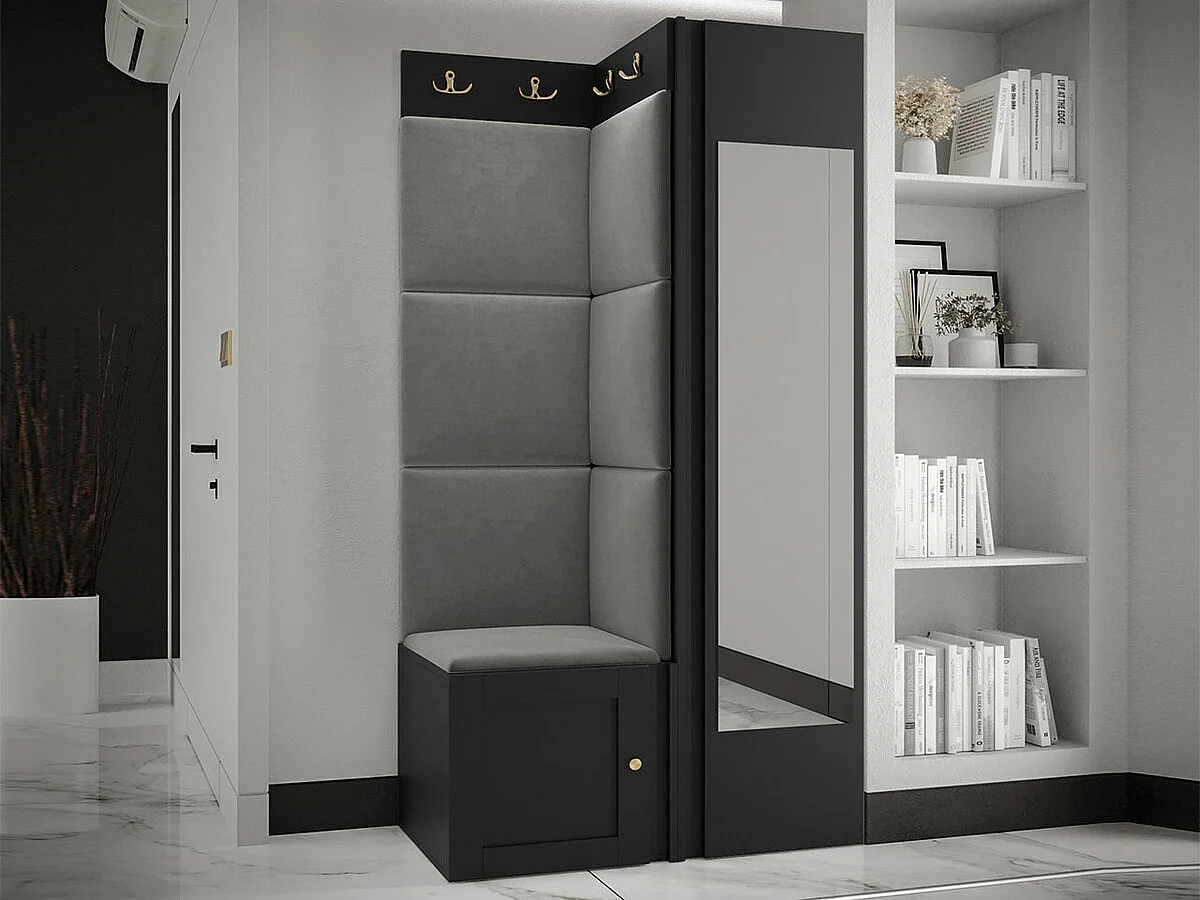 Meuble d'entrée Hartford 382, 186x82x46cm, Disponible, Noir|Gris, Stratifié|Tissu|MDF