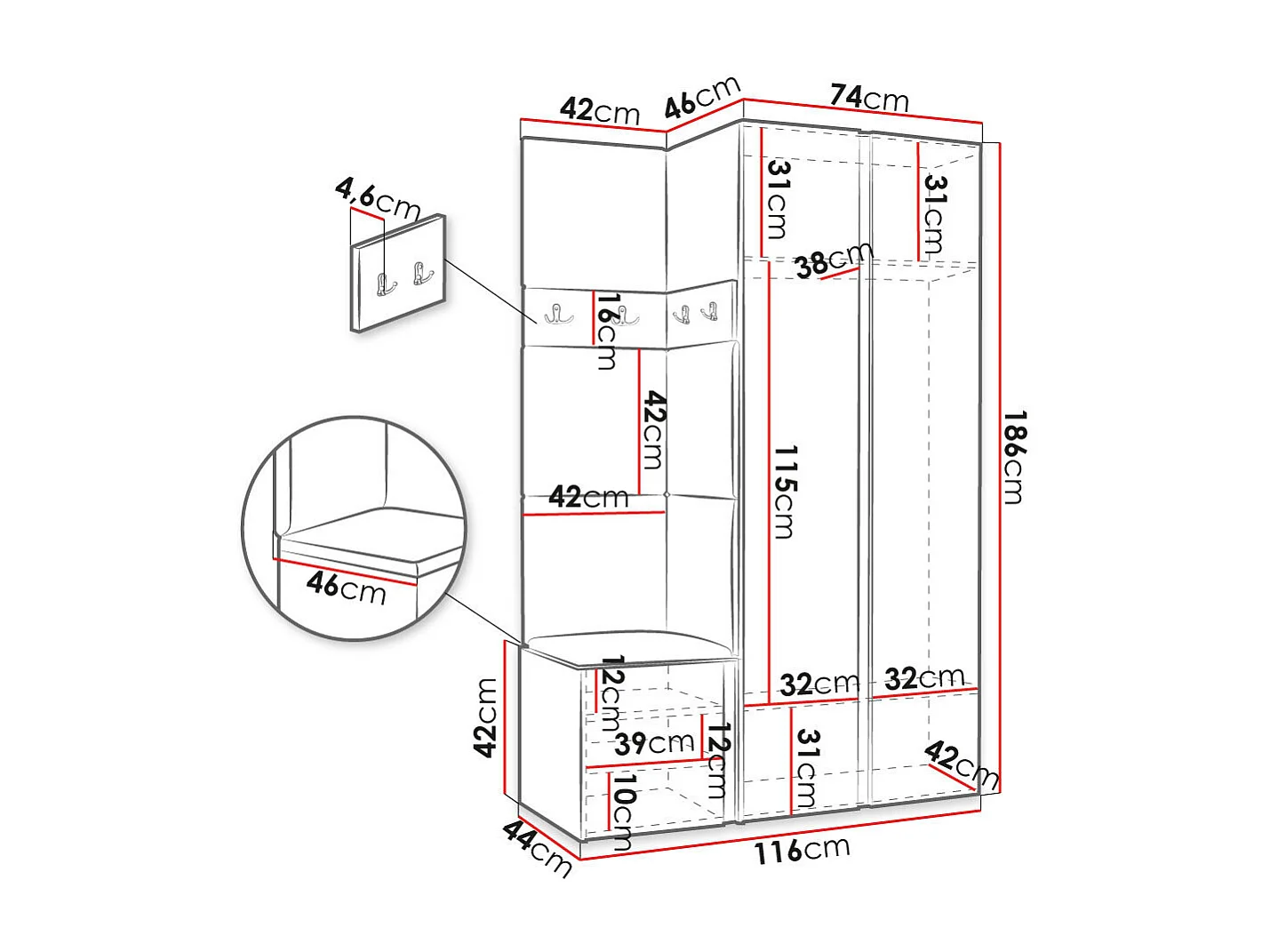 Meuble d'entrée Hartford 382, 186x82x46cm, Disponible, Noir|Gris, Stratifié|Tissu|MDF