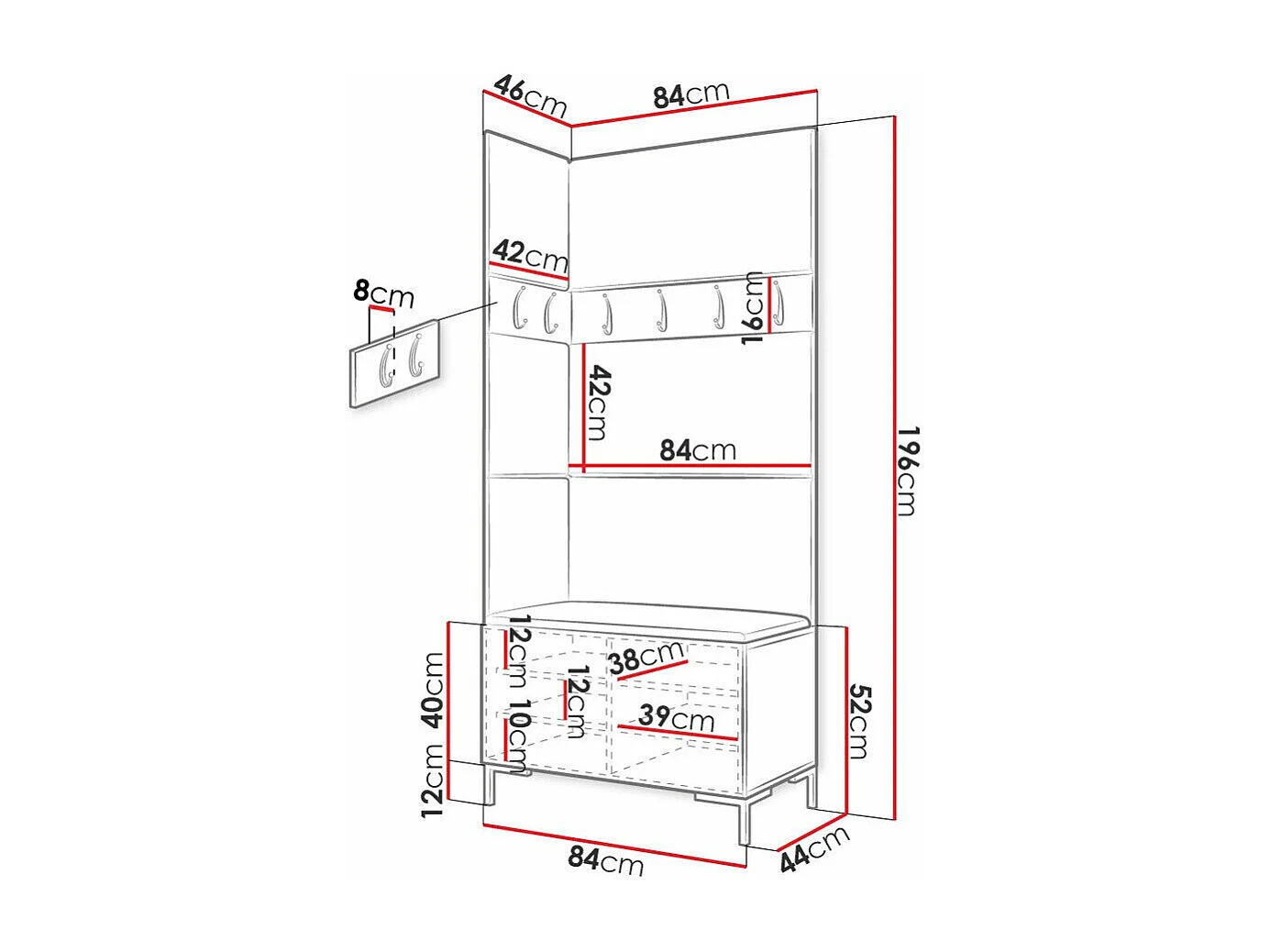 Meuble d'entrée Tivsoa 103, 196x84x46cm, Craft chêne, Tissu|Stratifié, À poser|Murale