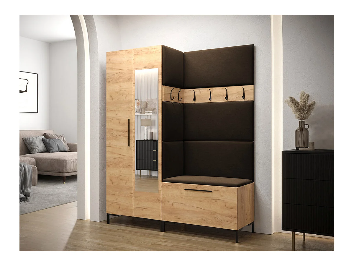 Conjunto pasillo Hartford F107, 196x158x46cm, Espejo, Craft roble|Marrón oscuro