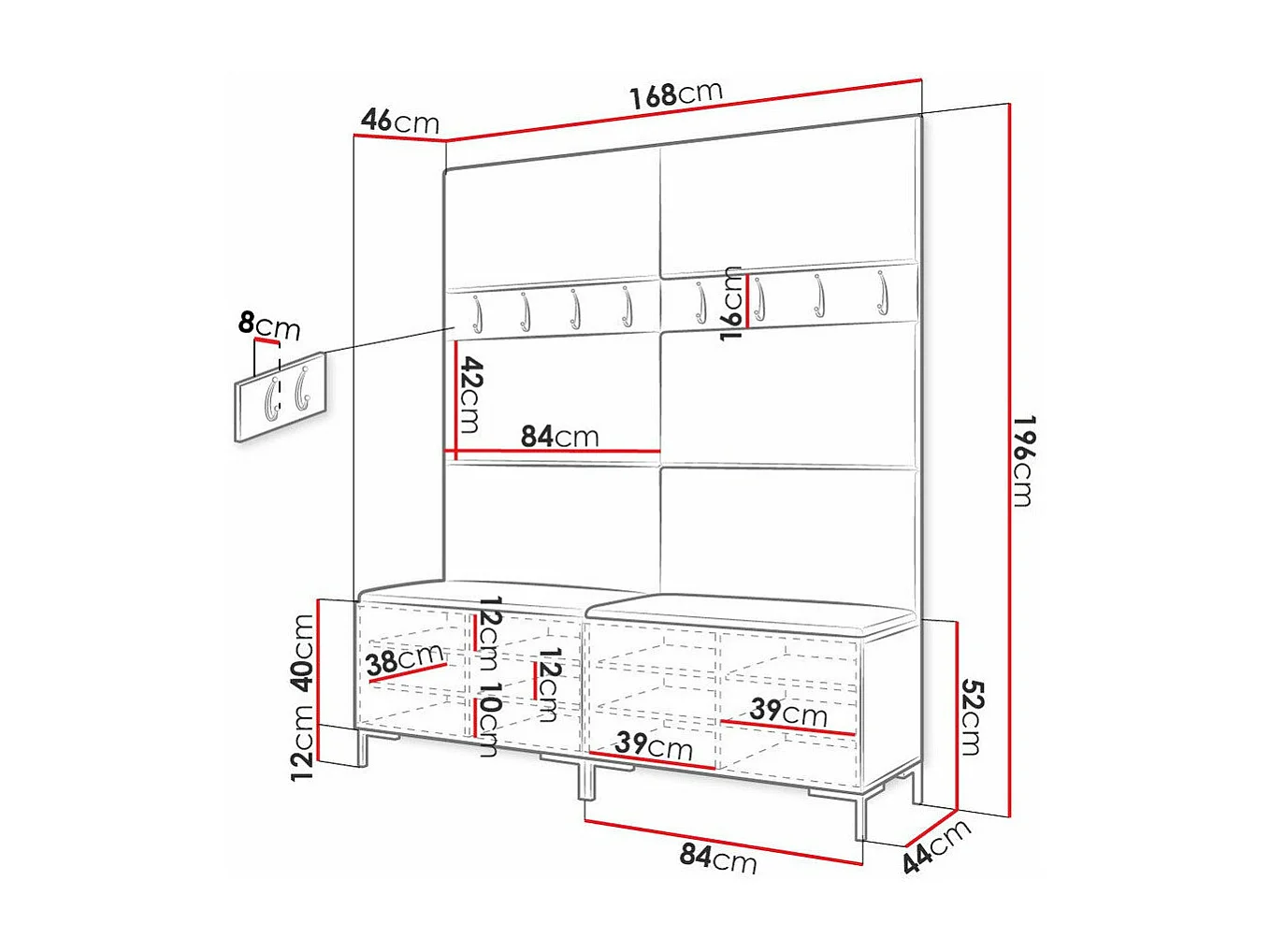 Conjunto pasillo Hartford F101, 196x168x46cm, Blanco, Tapiz|Aglomerado laminado
