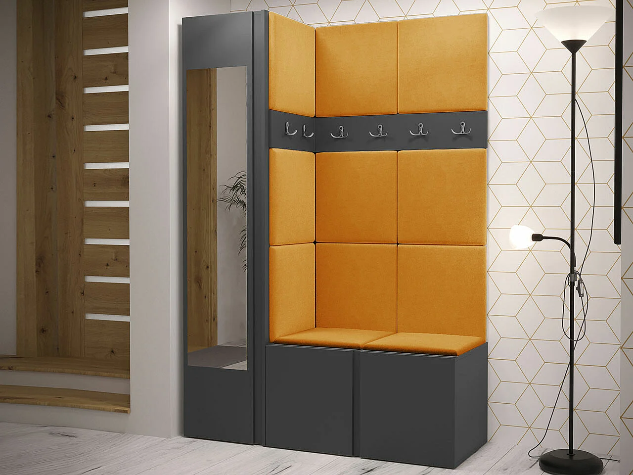 Conjunto pasillo Hartford 277, 186x124x46cm, Espejo, Grafito, Aglomerado laminado|Tapiz