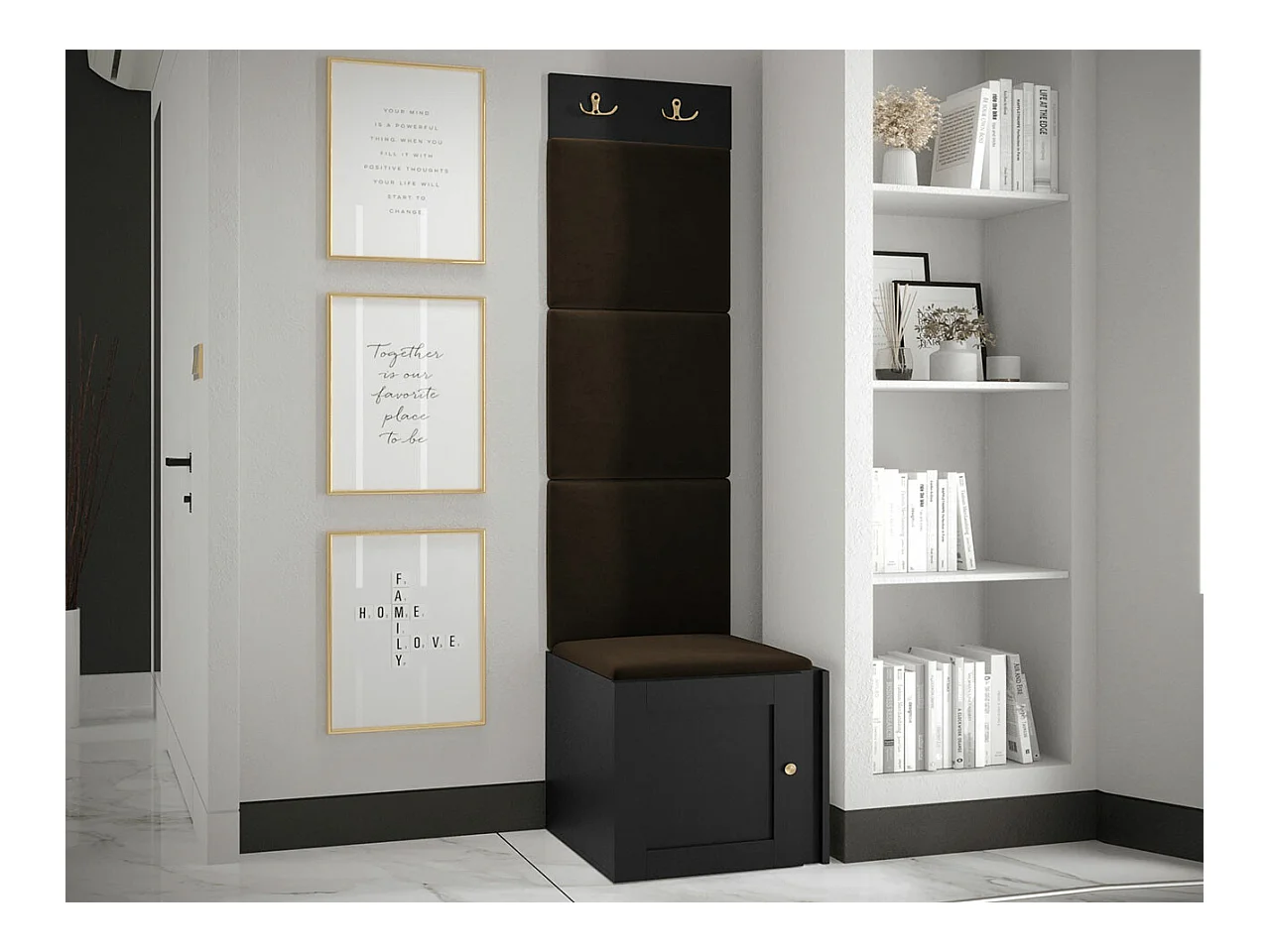 Conjunto pasillo Hartford 378, 186x42x46cm, Marrón|Negro, MDF|Aglomerado laminado|Tapiz