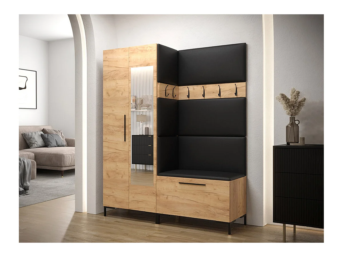 Meuble d'entrée Tivsoa 107, 196x158x46cm, Miroir, Craft chêne, Faux cuir|Stratifié