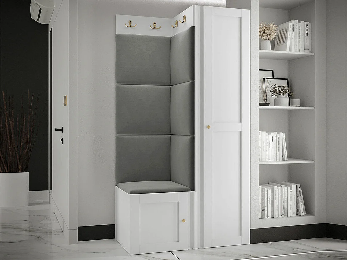 Meuble d'entrée Hartford 381, 186x82x46cm, Blanc|Gris, Tapisserie|MDF|Stratifié