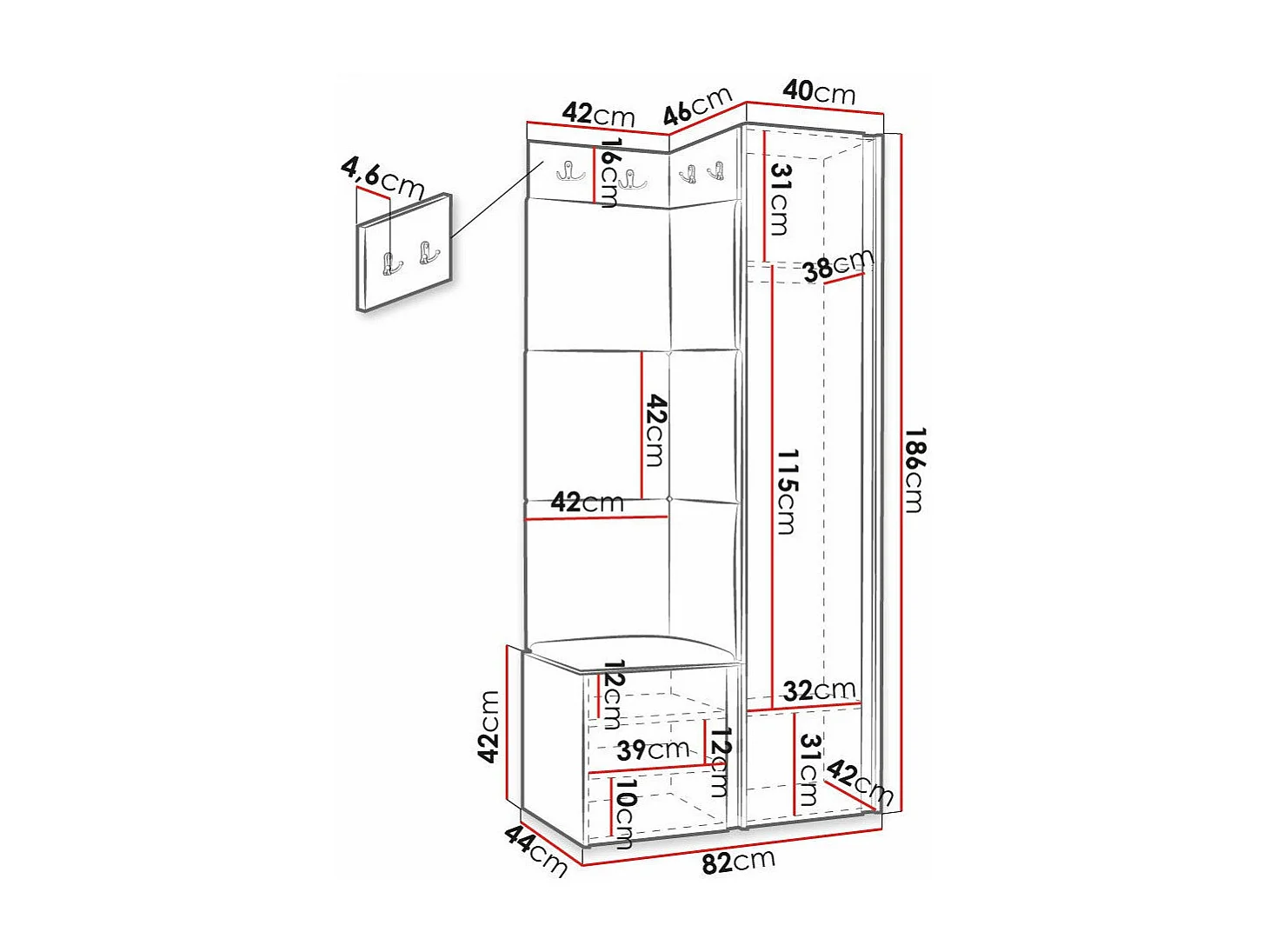Meuble d'entrée Hartford 381, 186x82x46cm, Blanc|Gris, Tapisserie|MDF|Stratifié