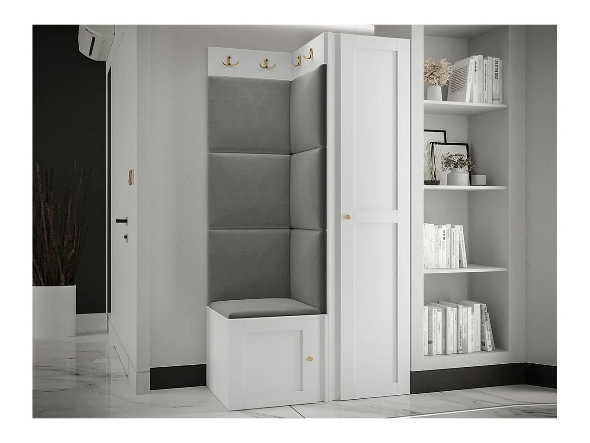 Meuble d'entrée Hartford 381, 186x82x46cm, Blanc|Gris, Tapisserie|MDF|Stratifié