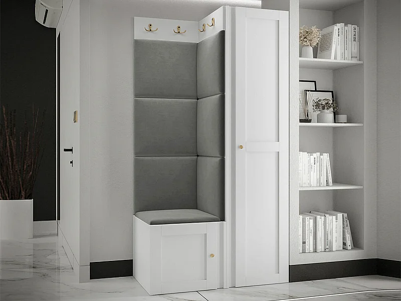 Meuble d'entrée Hartford 381, 186x82x46cm, Blanc|Gris, Stratifié|Tissu|MDF