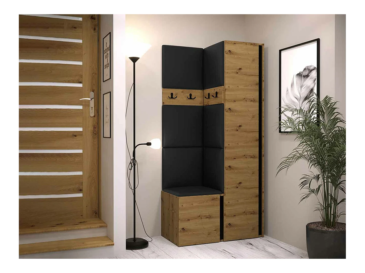 Meuble d'entrée Hartford 348, 186x82x44cm, Noir|Chêne Artisan, Stratifié|Faux cuir