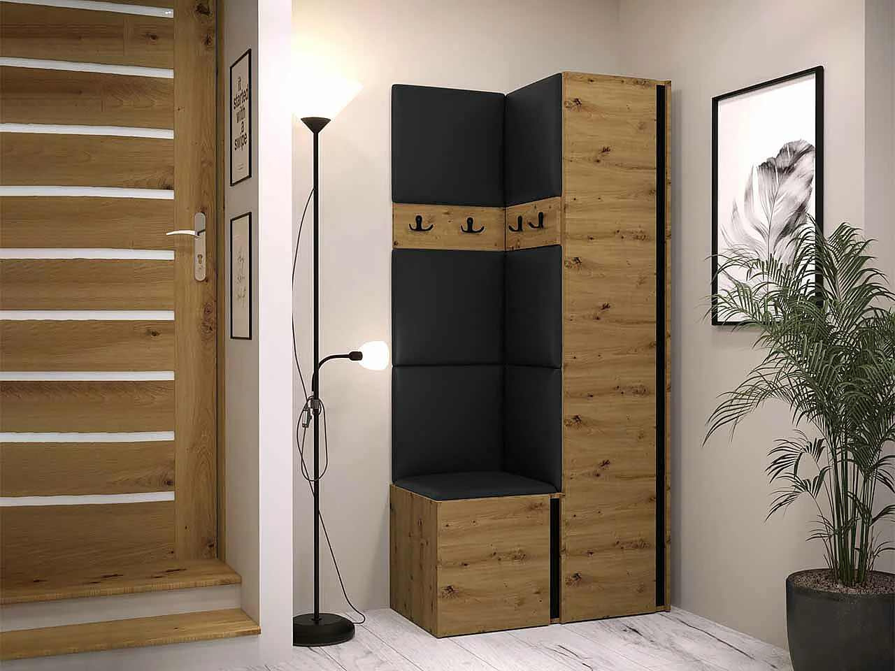 Conjunto pasillo Hartford 348, 186x82x44cm, Negro|Roble Artisan