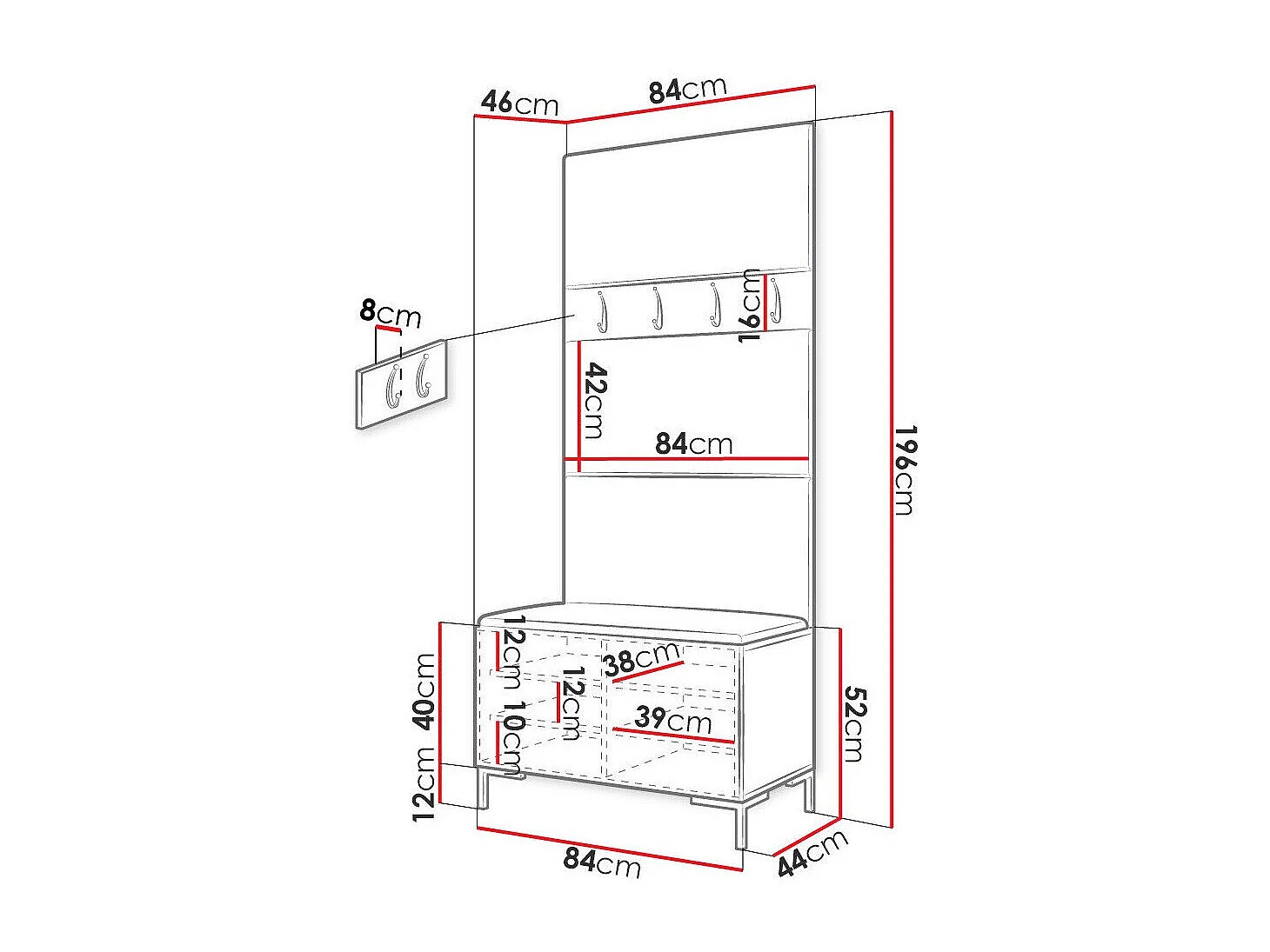 Set mobili da ingresso Hartford F102, 196x84x46cm, Bianco, Truciolare laminato|Arazzo