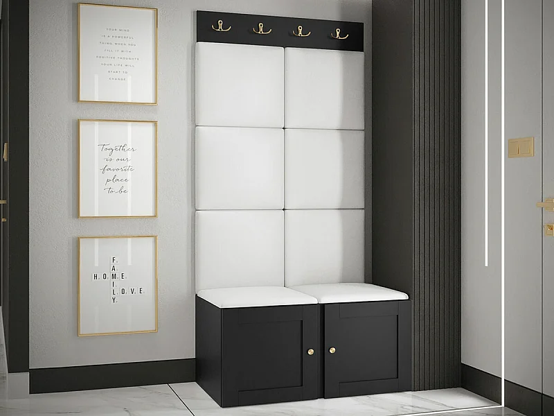 Meuble d'entrée Hartford 375, 186x84x46cm, Blanc|Noir, MDF|Stratifié|Faux cuir