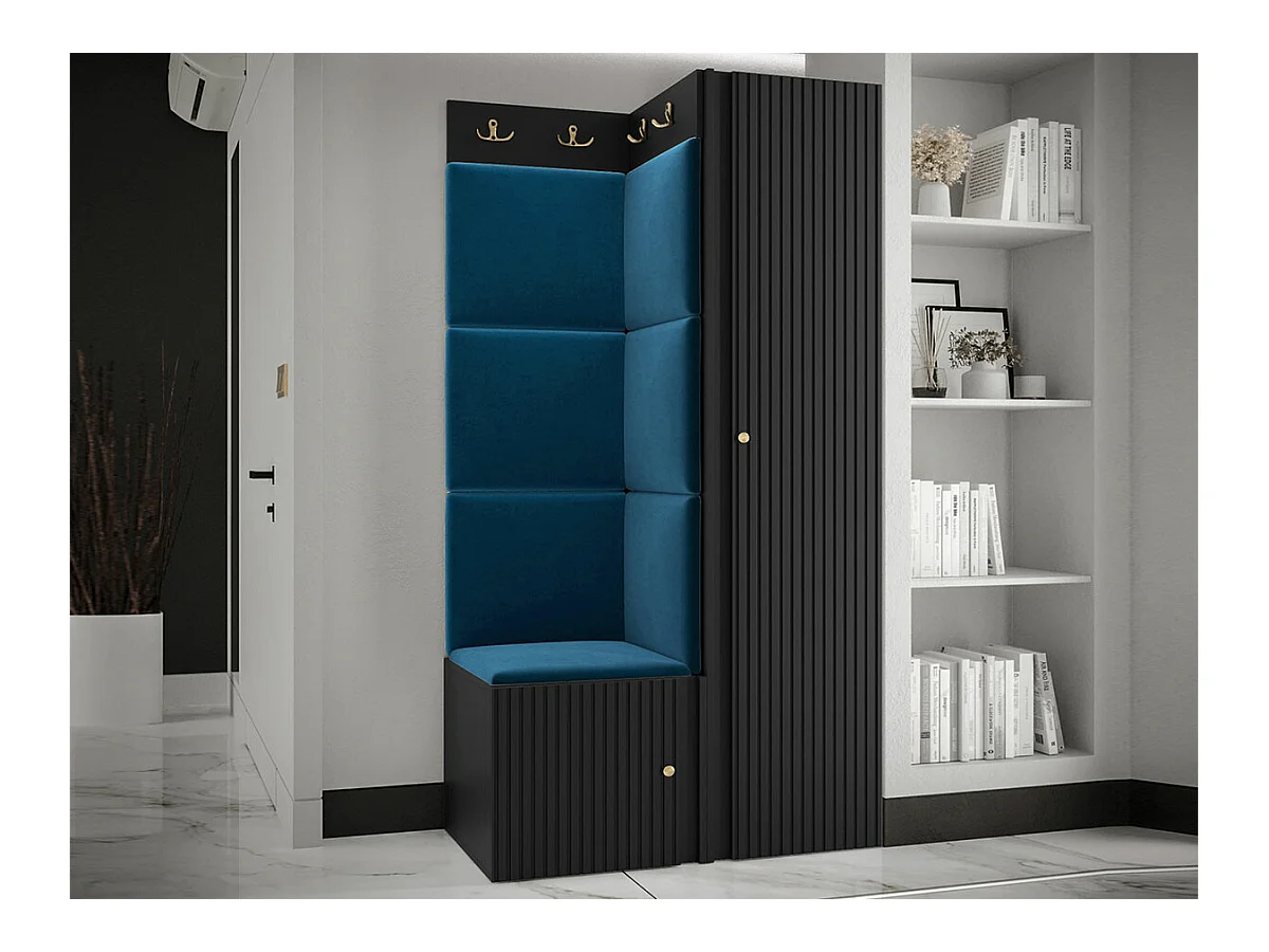 Meuble d'entrée Hartford 390, 186x82x46cm, Noir|Bleu, Tapisserie|MDF|Stratifié