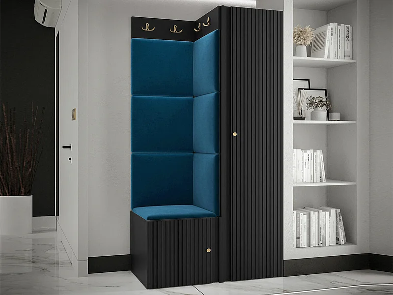 Meuble d'entrée Hartford 390, 186x82x46cm, Noir|Bleu, Stratifié|Tissu|MDF, À poser|Murale