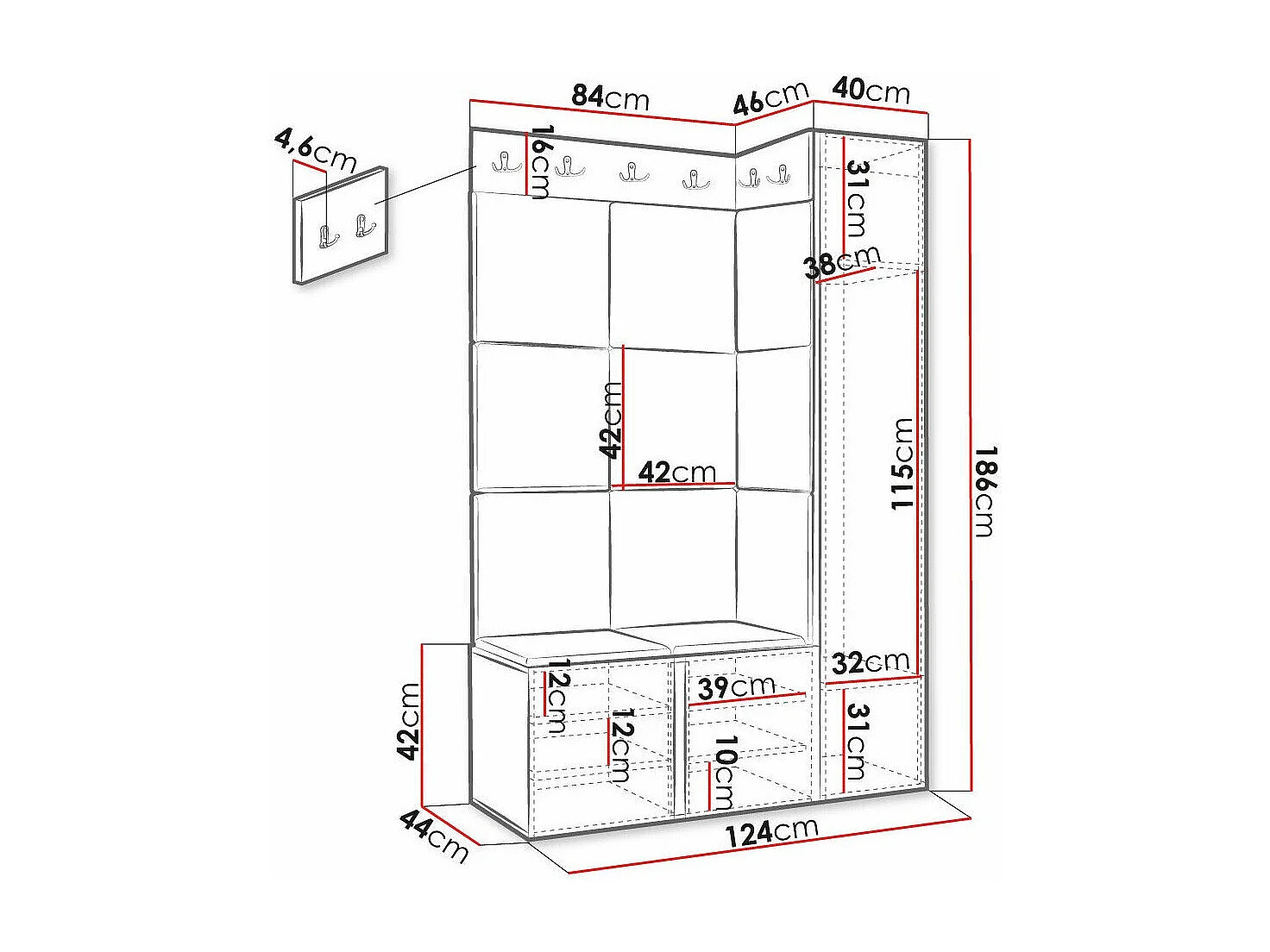 Conjunto pasillo Hartford 385, 186x124x46cm, Gris|Blanco, MDF|Aglomerado laminado|Tapiz