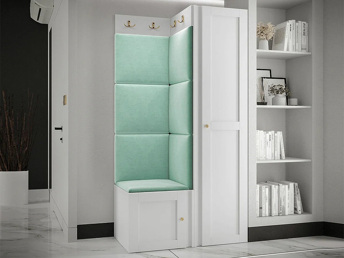 Meuble d'entrée Hartford 381, 186x82x46cm, Blanc|Turquoise, Stratifié|Tissu|MDF
