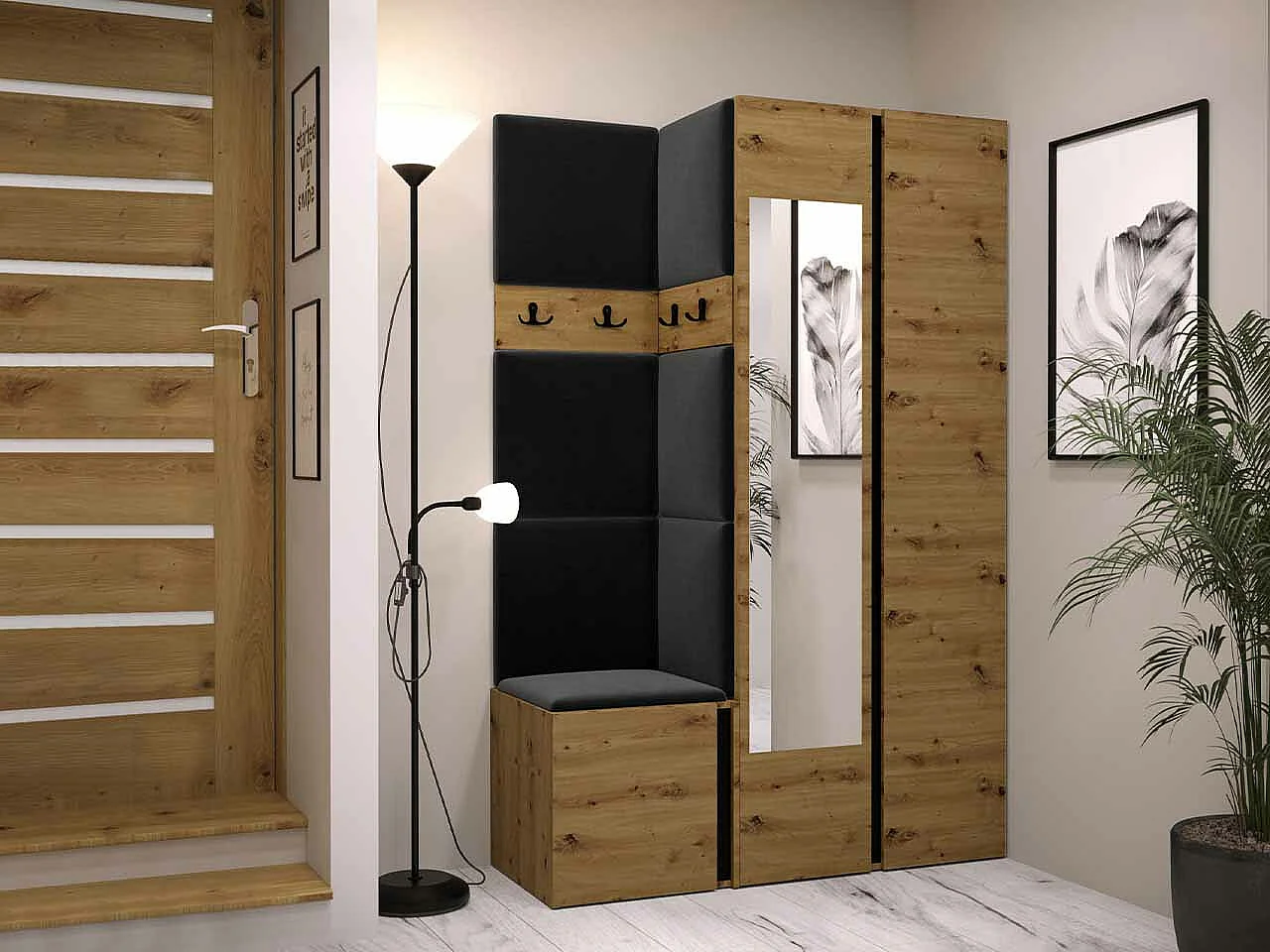 Meuble d'entrée Hartford 350, 186x116x44cm, Disponible, Chêne Artisan|Noir