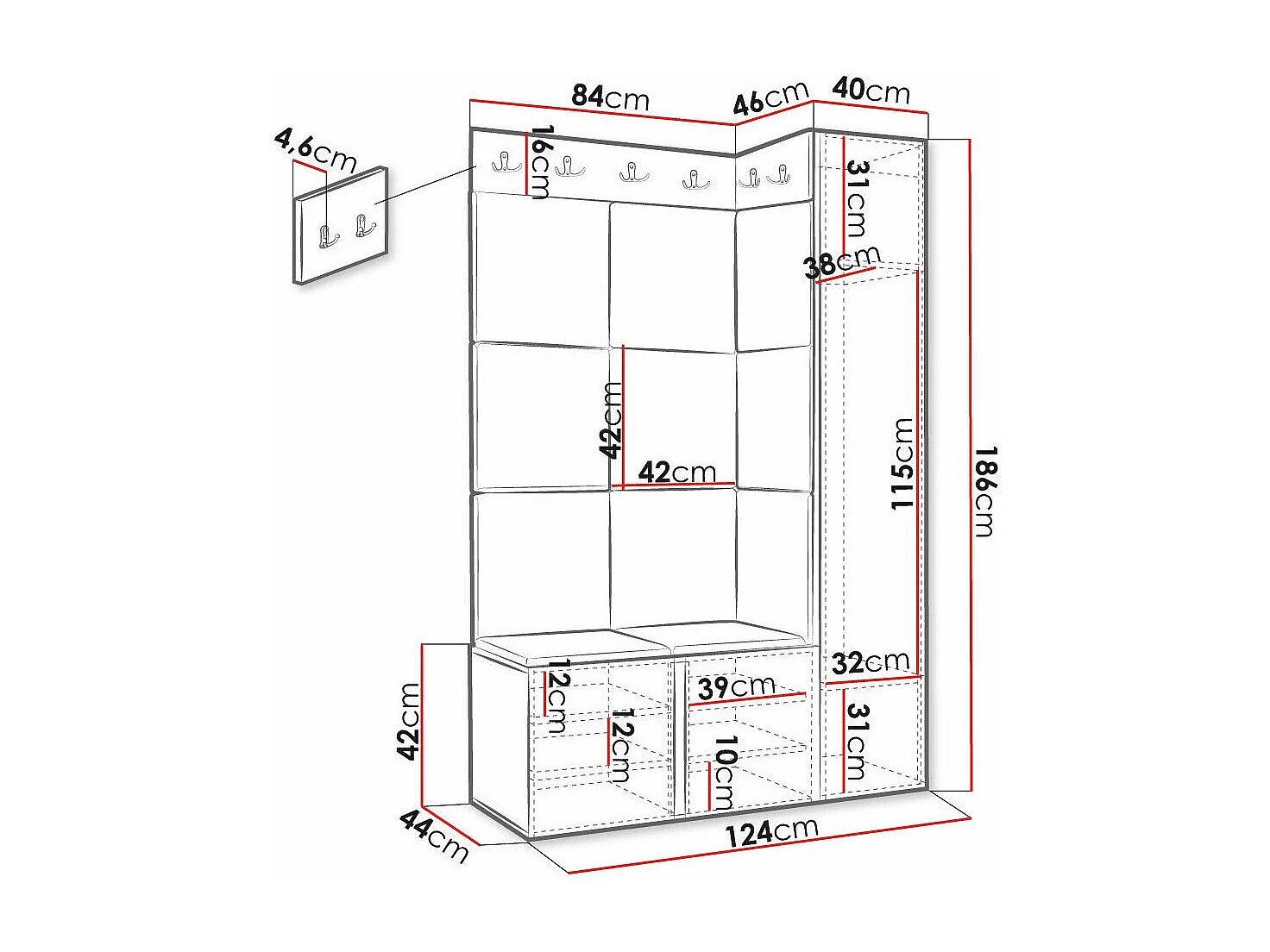 Conjunto pasillo Hartford 385, 186x124x46cm, Rosa|Blanco, MDF|Aglomerado laminado|Tapiz