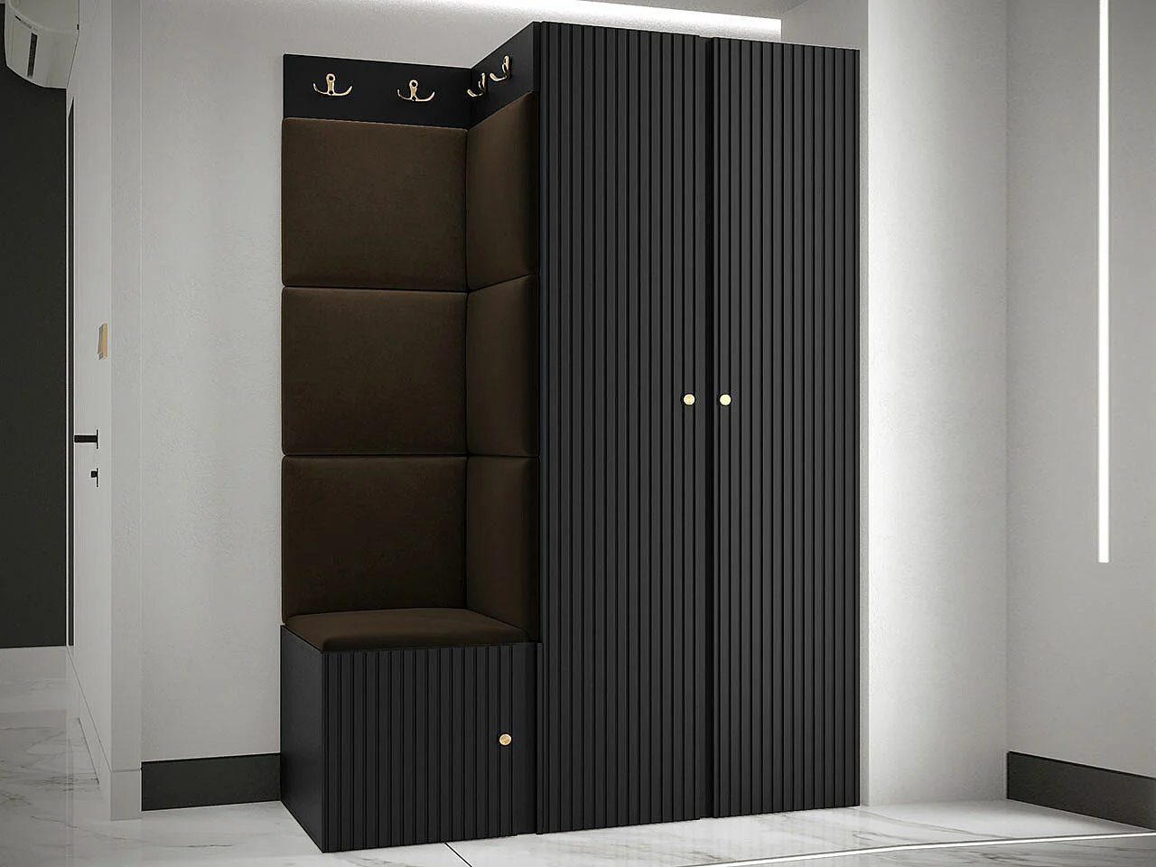 Conjunto pasillo Hartford 387, 186x116x46cm, Marrón|Negro, MDF|Aglomerado laminado|Tapiz