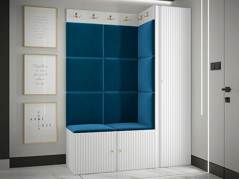 Meuble d'entrée Hartford 385, 186x124x46cm, Bleu|Blanc, Stratifié|Tissu|MDF