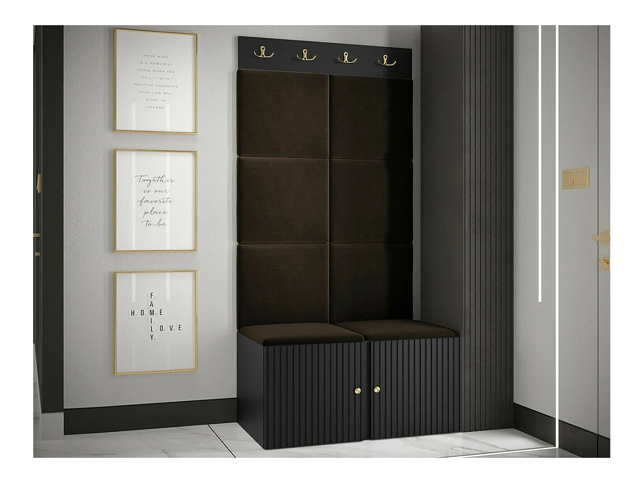 Conjunto pasillo Hartford 383, 186x84x46cm, Marrón|Negro, MDF|Aglomerado laminado|Tapiz