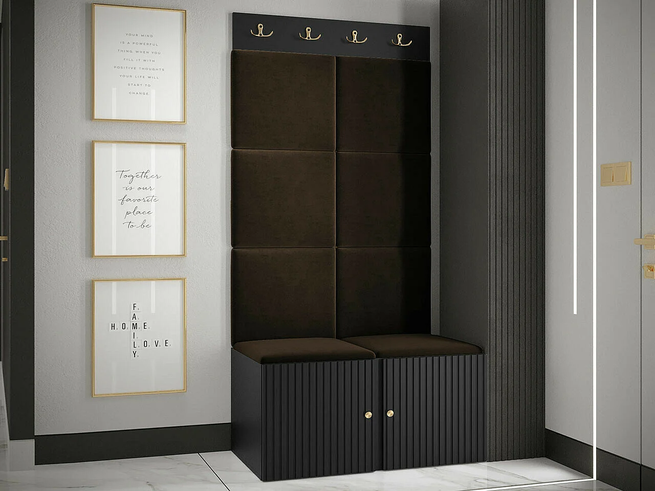 Meuble d'entrée Hartford 383, 186x84x46cm, Marron|Noir, MDF|Stratifié|Tissu