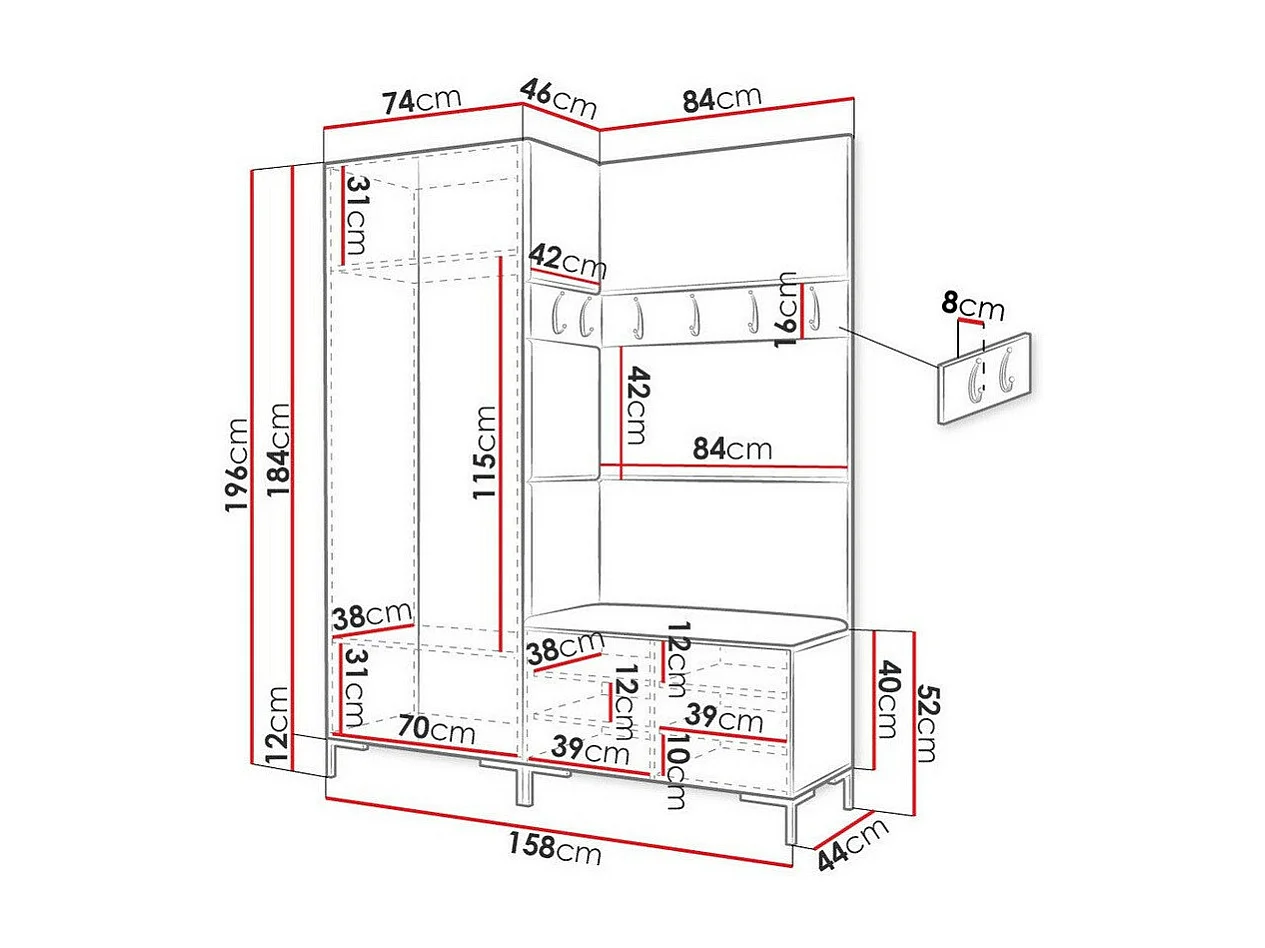 Conjunto pasillo Hartford F100, 196x158x44cm, Negro, Tapiz|Aglomerado laminado