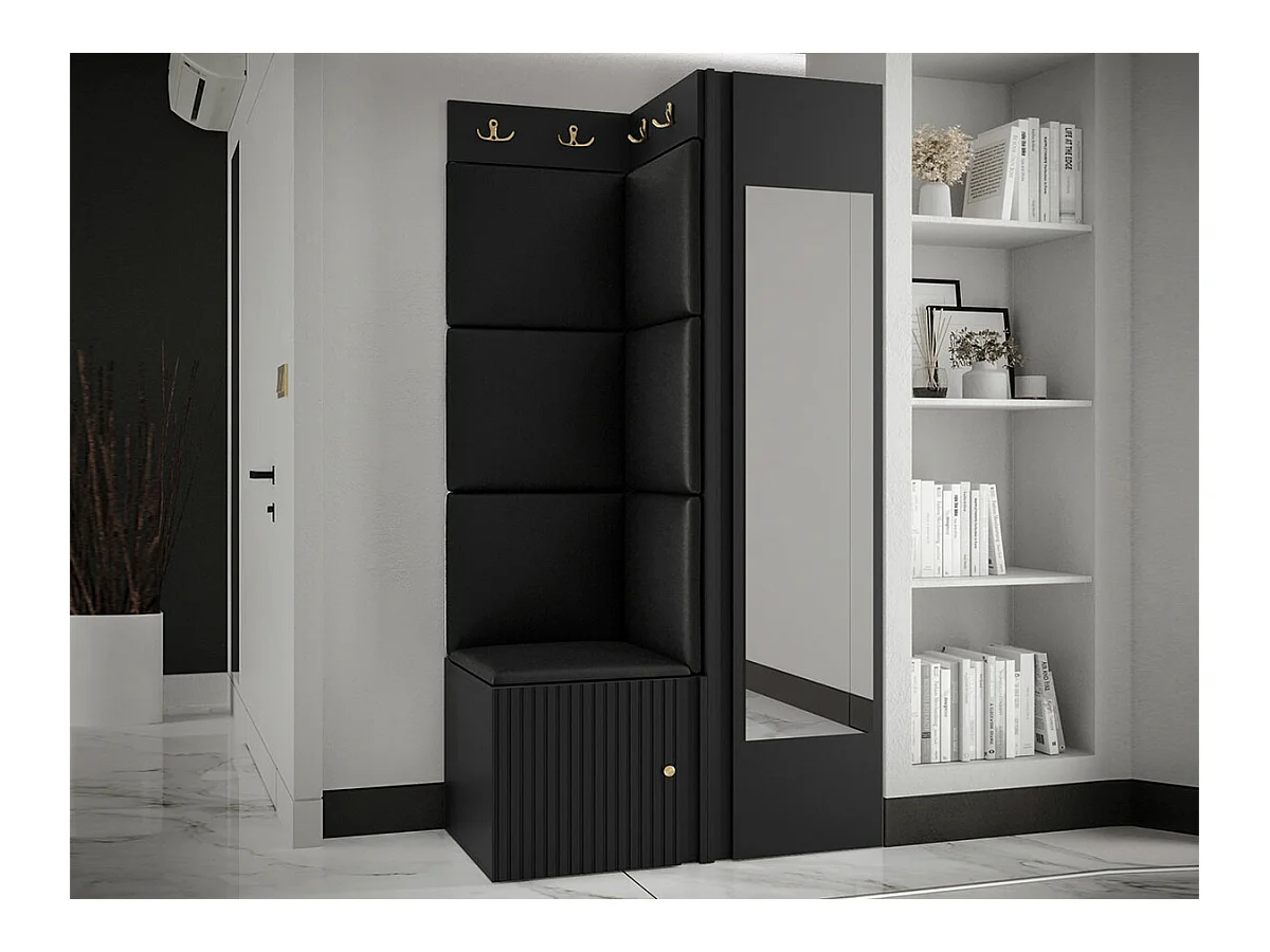 Meuble d'entrée Hartford 391, 186x82x46cm, Miroir, Noir, MDF|Stratifié|Faux cuir