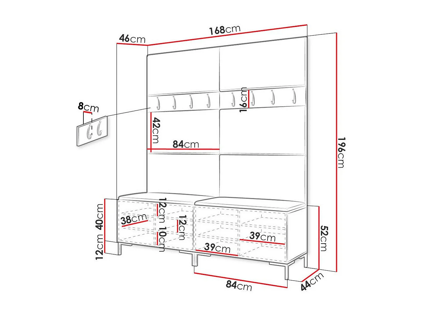 Conjunto pasillo Hartford F101, 196x168x46cm, Negro, Cuero ecológico|Aglomerado laminado