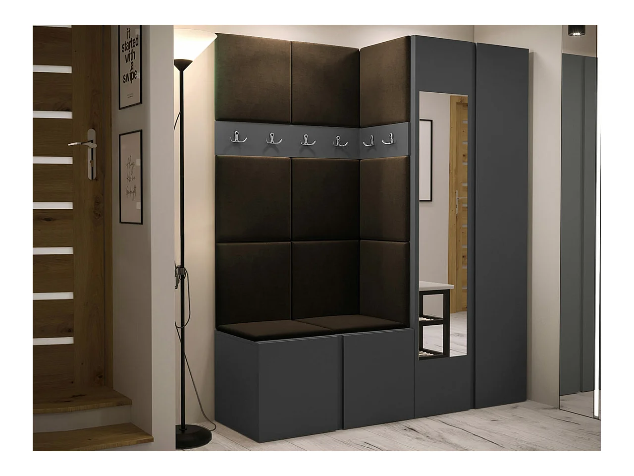 Meuble d'entrée Hartford 278, 186x158x46cm, Miroir, Graphite|Marron, Stratifié|Tapisserie