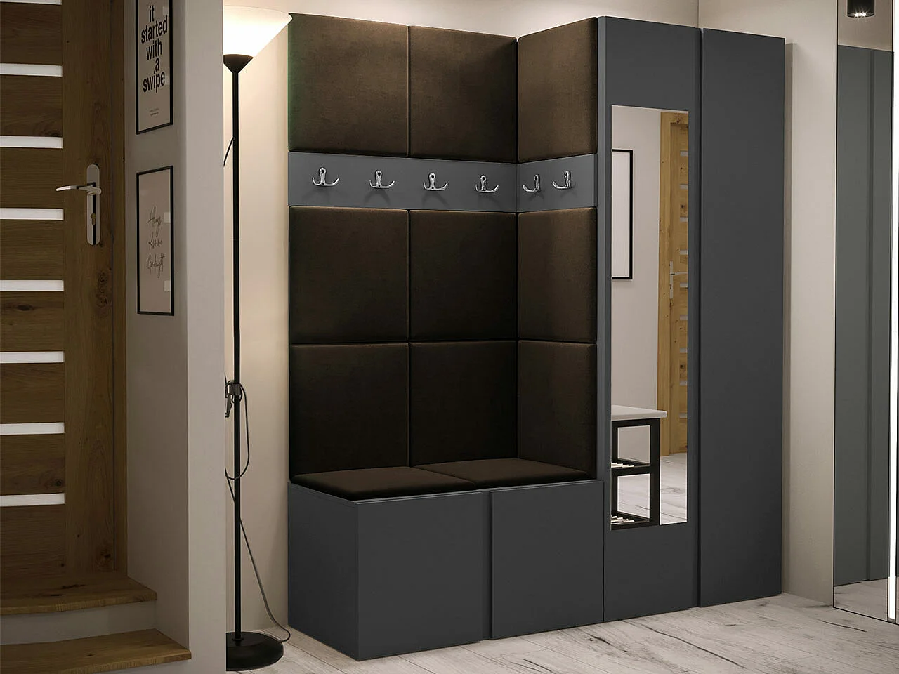 Meuble d'entrée Hartford 278, 186x158x46cm, Disponible, Marron|Graphite, Tissu|Stratifié