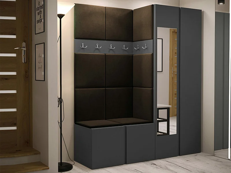 Meuble d'entrée Hartford 278, 186x158x46cm, Disponible, Marron|Graphite, Tissu|Stratifié