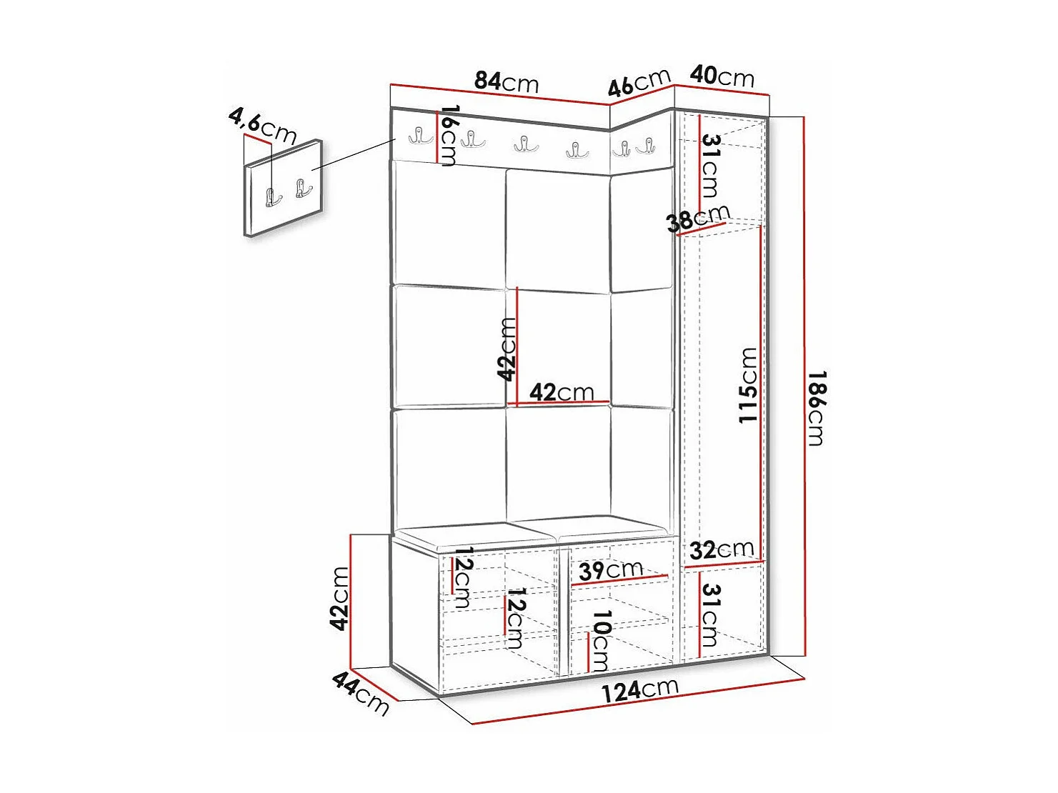 Conjunto pasillo Hartford 377, 186x124x46cm, Negro, MDF|Aglomerado laminado|Tapiz