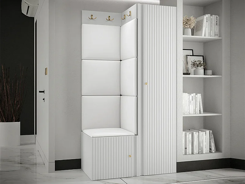 Meuble d'entrée Hartford 390, 186x82x46cm, Blanc, MDF|Stratifié|Faux cuir