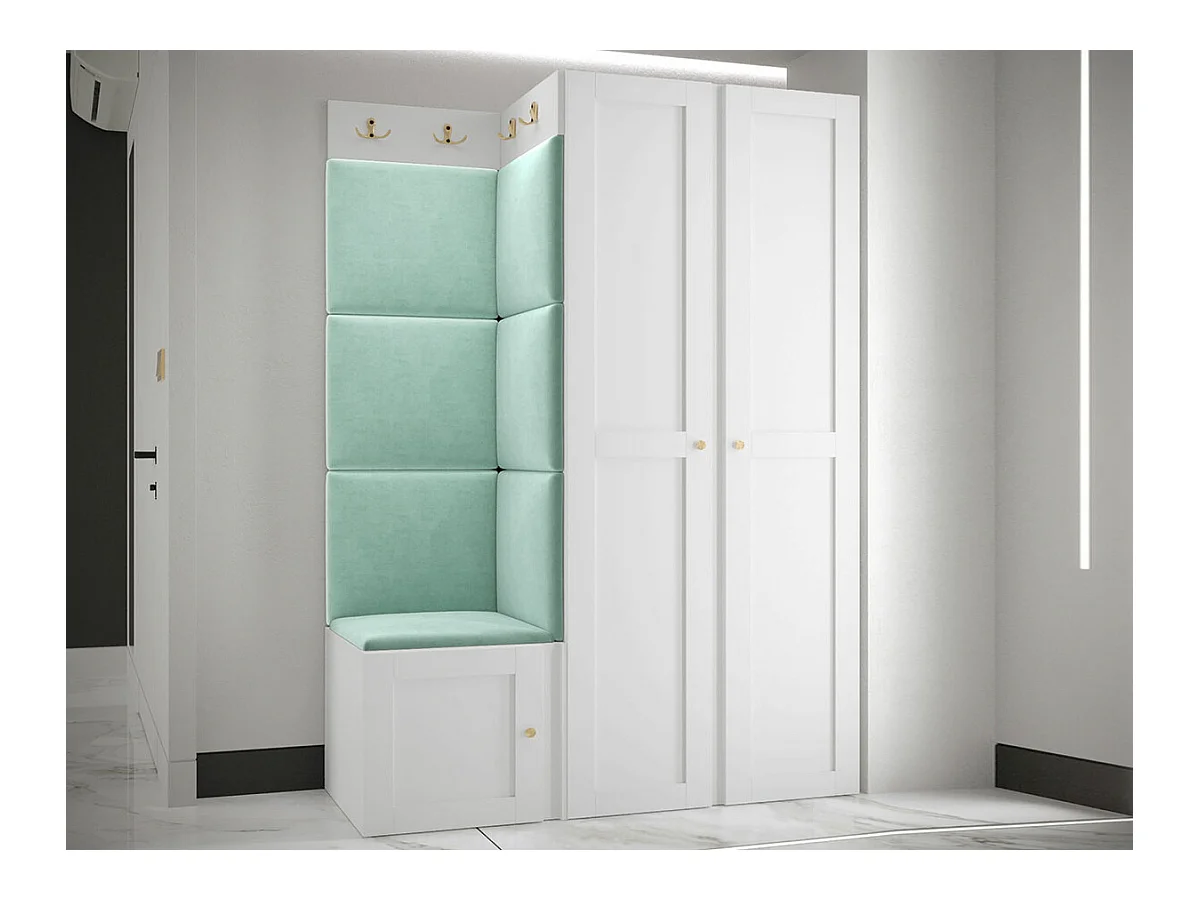 Meuble d'entrée Hartford 379, 186x116x46cm, Blanc|Turquoise, Tapisserie|MDF|Stratifié